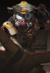Rule 34 | 1other, apex legends, armor, bandaged arm, bandages, belt, bloodhound (apex legends), cable, cain (gunnermul), commentary, cowboy shot, facing viewer, fur trim, gloves, goggles, hand up, hat, headgear, highres, holding, holding knife, holding weapon, knife, mask, outstretched arm, outstretched hand, pauldrons, reaching, reaching towards viewer, red gloves, shoulder armor, solo, standing, tube, utility belt, weapon