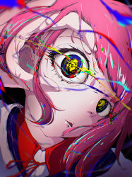 Rule 34 | 1girl, absurdres, blue eyes, collared shirt, commentary request, eye focus, hand on own face, highres, hood, hood down, jacket, kaf (kamitsubaki studio), kamitsubaki studio, looking at viewer, madaro, multicolored eyes, neck ribbon, opening eyes, pink hair, ribbon, shirt, solo, triangle mouth, virtual youtuber, warped, white hood, yellow pupils