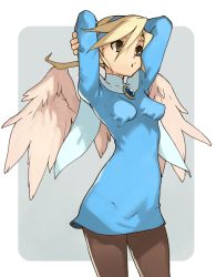 Rule 34 | 1girl, angel wings, arms behind head, blonde hair, blue dress, blue hairband, border, breasts, breath of fire, breath of fire iv, brooch, brown eyes, brown pantyhose, closed mouth, cowboy shot, dress, grey background, hairband, hands up, highres, jewelry, long sleeves, medium hair, nina (breath of fire iv), pantyhose, short dress, skin tight, small breasts, solo, standing, vins-mousseux, white border, wings