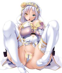 Rule 34 | 00s, 1girl, aina winchester, aqua eyes, ass, blush, breast hold, breasts, cameltoe, curvy, female focus, heterochromia, large breasts, legs, lilith-soft, long hair, looking at viewer, lying, nipples, on back, open mouth, partially visible vulva, potion (moudamepo), puffy nipples, pussy juice, see-through, shiny skin, silver hair, solo, spread legs, taimanin (series), taimanin asagi, taimanin asagi kessen arena, thong, tongue, tongue out, wide hips, yellow eyes