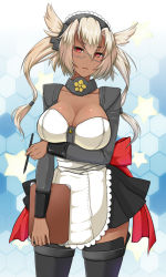Rule 34 | 1girl, adapted costume, alternate costume, apron, blonde hair, breast lift, breasts, cleavage, clipboard, dark skin, dark-skinned female, glasses, headgear, kafra uniform, kantai collection, large breasts, looking at viewer, maid, maid apron, maid headdress, mekabu (ainamigon), musashi (kancolle), parody, pen, personification, pointy hair, ragnarok online, red eyes, solo, thighhighs, twintails, two side up, waitress, zettai ryouiki