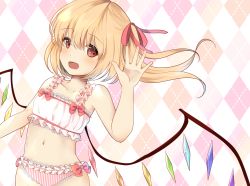 Rule 34 | 1girl, arm up, blonde hair, bra, crystal, flandre scarlet, highres, long hair, miri (miri0xl), navel, open mouth, panties, red eyes, ribbon, side ponytail, smile, solo, striped clothes, striped panties, touhou, training bra, underwear, underwear only, upper body, vertical-striped clothes, vertical-striped panties, waving, wings