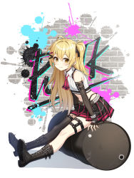Rule 34 | 1girl, ahoge, arm belt, artist request, bare shoulders, belt, black choker, black footwear, black gloves, black skirt, black thighhighs, blonde hair, boots, bracelet, chain, chest harness, choker, closed mouth, closers, collared shirt, crop top, detached sleeves, drum (container), earrings, fingerless gloves, fishnets, flat chest, gloves, hair ornament, hair ribbon, hairclip, harness, highleg, highres, jewelry, leg belt, long hair, looking at viewer, lucy (closers), midriff, miniskirt, navel, necktie, official art, one side up, pleated skirt, ribbed shirt, ribbon, shirt, short necktie, single thighhigh, sitting, skirt, sleeveless, sleeveless shirt, smile, solo, stomach, studded belt, thighhighs, white shirt, yellow eyes