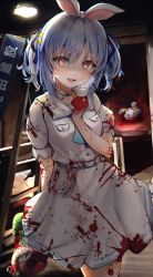 Rule 34 | 1girl, :d, absurdres, belt, blood, blood on clothes, blood on hands, blue hair, blue ribbon, blush, carrot hair ornament, choker, circular saw, commentary request, cowboy shot, dress, food-themed hair ornament, hair ornament, hair ribbon, highres, hololive, indoors, looking at viewer, mugiusagi, multicolored hair, official alternate costume, open mouth, pekomon (usada pekora), red eyes, ribbon, sailor collar, saw, short eyebrows, short sleeves, smile, solo, standing, streaked hair, thick eyebrows, two side up, usada pekora, usada pekora (casual), virtual youtuber, white belt, white choker, white dress, white hair, white sailor collar, yandere
