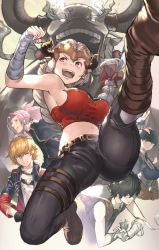 Rule 34 | 2girls, 3boys, aliza (granblue fantasy), black hair, blonde hair, boots, breasts, character request, clenched hand, commentary request, draph, earrings, flying kick, forehead protector, foreshortening, granblue fantasy, hair ribbon, hand wraps, highres, horns, jewelry, kicking, large breasts, long hair, low-tied long hair, maid, midriff, multiple boys, multiple girls, navel, open mouth, pants, pink hair, pointy ears, ribbon, sideboob, silver hair, solo focus, thigh strap, yuu3
