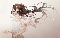 Rule 34 | 1girl, absurdres, angel, angel wings, black eyes, black hair, commentary, dress, erchongbaojun, feathered wings, flat chest, grey shirt, hair between eyes, halo, highres, long hair, looking afar, looking up, open mouth, original, shirt, sleeveless, sleeveless dress, solo, spaghetti strap, symbol-only commentary, teeth, upper teeth only, very long hair, white dress, white wings, wings