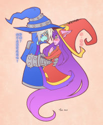 Rule 34 | 1boy, 1girl, 2015, animal ears, blue skin, blush, chinese text, colored skin, dated, food, gauntlets, green eyes, hat, league of legends, long hair, lulu (league of legends), parted lips, pocky, pocky kiss, purple hair, purple skin, robe, scar, shared food, signature, silver hair, spikes, translated, veigar, wavy mouth, witch hat, wizard hat, yan531, yellow eyes, yordle