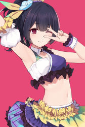 Rule 34 | 1girl, ;), arm up, armpits, bare shoulders, black hair, blue flower, blush, breasts, closed mouth, collar, commentary request, detached collar, detached sleeves, flower, gin00, hair flower, hair ornament, hair ribbon, hand up, high ponytail, highres, idolmaster, idolmaster shiny colors, midriff, morino rinze, navel, one eye closed, pink background, plaid, plaid skirt, pleated skirt, ponytail, puffy short sleeves, puffy sleeves, purple skirt, red eyes, ribbon, short sleeves, simple background, skirt, sleeveless, small breasts, smile, solo, v over eye, white collar, white sleeves, wing collar, wrist cuffs, yellow ribbon