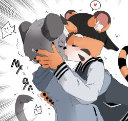 Rule 34 | 2boys, backwards hat, baseball cap, blush, child on child, french kiss, furry, furry male, furry with furry, hand on another&#039;s head, hat, heart, highres, interspecies, joseph mathias, kiss, male focus, multiple boys, original, simple background, spoken expression, spoken heart, tiger boy, white background, yaoi