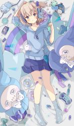 Rule 34 | 1girl, :o, absurdres, arm up, arrow (projectile), bad id, bad pixiv id, bandaid, beamed eighth notes, beamed sixteenth notes, bed sheet, blue hoodie, blue skirt, blue socks, blush, bow, brown hair, bunny headphones, candy, cd, cd case, commentary, controller, double scoop, drawstring, food, game controller, grey eyes, hair bobbles, hair ornament, headphones, highres, holding, hood, hood down, hoodie, ice cream, lollipop, long sleeves, lying, musical note, no shoes, on back, one side up, original, parted lips, pleated skirt, print legwear, print socks, short sleeves, skirt, socks, spoon, star (symbol), star print, swirl lollipop, symbol-only commentary, tsukiyo (skymint), white bow