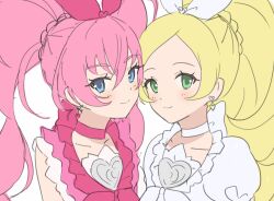 Rule 34 | 2girls, blonde hair, blue eyes, bow, brooch, collar, commentary request, cure melody, cure rhythm, earrings, eyelashes, frills, green eyes, hair bow, heart, heart brooch, heart earrings, highres, houjou hibiki, jewelry, light blush, looking at viewer, minamino kanade, multiple girls, nemuiyoo00, pink collar, pink hair, ponytail, precure, puffy sleeves, simple background, sleeveless, smile, suite precure, twintails, white background, white collar