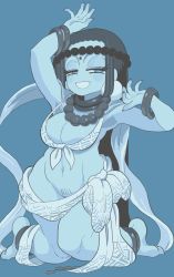 Rule 34 | 1girl, armpits, arms up, barefoot, black hair, blue background, blue theme, bracelet, breasts, cleavage, gashi-gashi, half-closed eyes, highres, jewelry, long hair, medium breasts, monochrome, navel, necklace, open mouth, original, simple background, smile, solo, very long hair