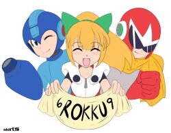 Rule 34 | 1girl, 2boys, anniversary, arm cannon, birthday, blonde hair, blush, brother and sister, capcom, grin, helmet, highres, japanese text, looking at viewer, mega man (character), mega man (classic), mega man (series), multiple boys, no humans, one eye closed, ponytail, proto man, robot, roll (mega man), scarf, siblings, smile, sunglasses, translation request, weapon, wink