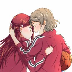 Rule 34 | 2girls, arm around shoulder, ball, basketball, basketball (object), blush, closed eyes, from behind, grey hair, hair ornament, hairclip, half updo, hand on another&#039;s back, heads together, jacket, long hair, long sleeves, love live!, love live! sunshine!!, multiple girls, open mouth, red hair, red jacket, sakurauchi riko, short hair, simple background, smile, sweatband, track jacket, upper body, watanabe you, white background, yuchi (salmon-1000)