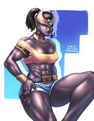 Rule 34 | 1girl, alternate hairstyle, armlet, bare shoulders, belt, belt buckle, black hair, black lips, black sclera, black skin, breasts, buckle, casual, cleavage, colored sclera, colored skin, commentary request, crop top, dark skin, dark-skinned female, denim, denim shorts, earrings, covered erect nipples, fingernails, forehead jewel, forehead protector, gorget, high ponytail, highres, jewelry, kamen rider, kamen rider kuuga (series), large breasts, leg up, looking at viewer, medium hair, midriff, monster girl, muscle, muscular, muscular female, off shoulder, pointy ears, red eyes, ring, sharp fingernails, short shorts, shorts, solo, summer, taikyokuturugi, thick thighs, thighs, zu-mebio-da