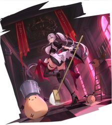 Rule 34 | 1girl, artist request, azur lane, black footwear, black gloves, black hair, blue eyes, breasts, broom, bucket, fingerless gloves, from behind, gloves, hair ribbon, high heels, highres, holding, holding broom, indoors, ladder, large breasts, long hair, looking at viewer, looking back, maid, manjuu (azur lane), nail polish, official alternate costume, official art, ponytail, ribbon, skindentation, thigh strap, thighhighs, thueringen (azur lane), thueringen (tidying in the moonlight) (azur lane), transparent background, very long hair, white hair