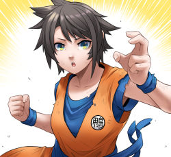 Rule 34 | 1girl, aura, brown hair, chestnut mouth, clenched hand, cosplay, dirty, dirty face, dougi, dragon ball, exaxuxer, fighting stance, green eyes, highres, hololive, oozora subaru, simple background, solo, son goku, son goku (cosplay), virtual youtuber, wristband