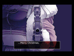 Rule 34 | 1girl, ace attorney, breasts, bullpup, cleavage, coat, commentary, commission, english commentary, english text, fur-trimmed coat, fur trim, girls&#039; frontline, gun, holding, holding gun, holding weapon, large breasts, medium breasts, meme, merry christmas, official alternate costume, p90, p90 (girls&#039; frontline), p90 (scarlet turbo) (girls&#039; frontline), parody, personal defense weapon, pixiv commission, pointing, pointing at viewer, red coat, senpaihawkkun, solo, submachine gun, weapon