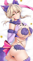 Rule 34 | 1girl, animal ears, artoria pendragon (fate), artoria pendragon (lancer alter) (fate), ass, bare shoulders, blonde hair, blush, bow, breasts, cosplay, elbow gloves, fate/grand order, fate (series), fur-trimmed gloves, fur-trimmed legwear, fur collar, fur trim, gloves, hair between eyes, horns, large breasts, long hair, looking at viewer, mash kyrielight, mash kyrielight (dangerous beast), mash kyrielight (dangerous beast) (cosplay), official alternate costume, oni-noboru, pink bow, purple gloves, revealing clothes, solo, tail, wolf ears, wolf tail, yellow eyes