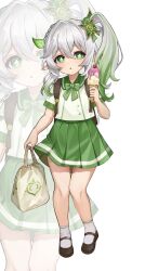 Rule 34 | 1girl, alternate costume, backpack, bag, black footwear, bright pupils, collared shirt, cross-shaped pupils, full body, genshin impact, gradient hair, green eyes, green hair, green sailor collar, green skirt, grey hair, hair between eyes, hand up, highres, holding, holding bag, holding ice cream cone, ice cream cone, kama (kama ovo), looking at viewer, mary janes, multicolored hair, nahida (genshin impact), parted lips, pointy ears, sailor collar, school uniform, shirt, shoes, short sleeves, simple background, skirt, socks, standing, symbol-shaped pupils, white bag, white shirt, white socks, zoom layer