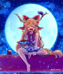 Rule 34 | 1girl, alcohol, artist request, barefoot, belt, bow, chain, closed eyes, commentary request, cuffs, cup, fang, full moon, hair bow, highres, horn ornament, horn ribbon, horns, ibuki suika, long hair, low-tied long hair, moon, neckerchief, night, night sky, oni, open mouth, orange hair, red bow, red neckerchief, ribbon, sakazuki, sake, shirt, sidelocks, sitting, sky, sleeveless, sleeveless shirt, solo, star (sky), starry sky, torii, torn clothes, torn sleeves, touhou, very long hair, white shirt
