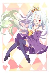 Rule 34 | 1girl, argyle, argyle background, argyle clothes, black footwear, black thighhighs, blue hair, blush, chess piece, crown, flat chest, floating hair, from side, full body, glowing, green hair, hair between eyes, holding, light purple hair, loafers, long hair, long sleeves, looking at viewer, multicolored hair, neckerchief, no game no life, off shoulder, one side up, parted lips, pleated skirt, purple shirt, purple skirt, red eyes, sakamo2424, school uniform, serafuku, shiro (no game no life), shirt, shoes, skirt, smile, solo, spade (shape), sparkle, thighhighs, twitter username, very long hair