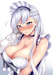 Rule 34 | 1boy, 1girl, 3104 (3104milkshake), apron, arm guards, azur lane, belfast (azur lane), blue eyes, blush, braid, breasts, chain, cleavage, collar, collarbone, commentary request, dress, french braid, frilled gloves, frills, gloves, gradient background, highres, holding another&#039;s arm, jacket, large breasts, long hair, maid, maid headdress, shiny skin, silver hair, simple background, skindentation, smile, solo focus, white gloves, white jacket