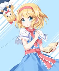 Rule 34 | 2girls, alice margatroid, belt, black dress, blonde hair, blue background, blue dress, blue eyes, bow, bowtie, capelet, closed mouth, cowboy shot, diagonal stripes, doll joints, dress, flat chest, hair bow, hairband, half-closed eyes, highres, jewelry, joints, long hair, looking at viewer, multiple girls, open mouth, puppet rings, red belt, red bow, red hairband, red neckwear, red scarf, ring, ruu (tksymkw), scarf, shanghai doll, short hair, smile, standing, striped, striped background, touhou, white capelet