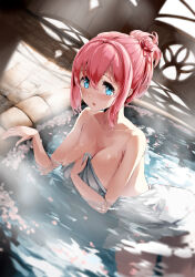 Rule 34 | 1girl, asalilysuke, bare arms, bare shoulders, blue eyes, breasts, cleavage, highres, large breasts, medium hair, naked towel, onsen, partially submerged, petals, pink hair, princess connect!, solo, thighs, towel, water, wet, yui (princess connect!)