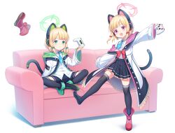 Rule 34 | 2girls, absurdres, black skirt, black thighhighs, blonde hair, blue archive, blue necktie, blush, closed mouth, collared shirt, controller, game controller, green eyes, green footwear, highres, holding, holding controller, holding game controller, jacket, kim nico, long sleeves, looking at viewer, midori (blue archive), momoi (blue archive), multiple girls, necktie, open mouth, pleated skirt, red eyes, red footwear, shirt, short hair, siblings, sisters, skirt, smile, thighhighs, twins, two-sided fabric, two-sided jacket, white jacket, white shirt