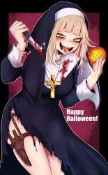 Rule 34 | 1girl, alternate hairstyle, blonde hair, blood, blood on clothes, bloody knife, bloody weapon, blunt bangs, blush, boku no hero academia, cowboy shot, cross, crucifix, english text, fangs, hair down, halloween, happy halloween, highres, holding, holding knife, holding weapon, jewelry, knife, leg strap, long hair, messy hair, nashimo (drz n), necklace, nun, open mouth, pumpkin, scabbard, sheath, slit pupils, thighs, toga himiko, tongue, torn clothes, weapon, yellow eyes