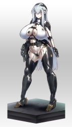 Rule 34 | 1girl, absurdres, android, android (konoshige), breasts, cleavage, cleavage cutout, clothing cutout, crotch plate, full body, grey hair, gun, highres, huge breasts, joints, konoshige (ryuun), light android (konoshige), long hair, mechanical arms, mechanical legs, mechanical parts, navel, original, revealing clothes, robot, robot girl, robot joints, sagging breasts, sidelocks, simple background, solo, standing, submachine gun, tattoo, very long hair, weapon, yellow eyes