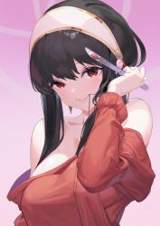 Rule 34 | 1girl, bare shoulders, black hair, blush, bread knife, breasts, gradient background, hair in own mouth, hairband, hand on own face, heart, heart-shaped pupils, highres, holding, holding knife, kitchen knife, knife, nox13, off-shoulder sweater, off shoulder, pink background, red eyes, red sweater, reflection, sidelocks, solo, spy x family, sweater, symbol-shaped pupils, upper body, white hairband, yor briar
