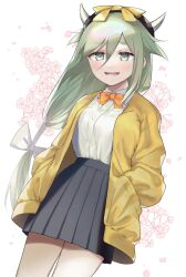 Rule 34 | 1girl, alternate costume, anarogumaaa, blonde hair, bow, bow hairband, bowtie, cardigan, cherry blossoms, commentary, cow horns, fake horns, floral background, goou yoshimitsu, grey skirt, hair flaps, hairband, half-closed eyes, hand in pocket, highres, horns, long hair, low ponytail, open cardigan, open clothes, open mouth, school uniform, shirt, skirt, smile, solo, tenka hyakken, thick eyebrows, white shirt, wing collar, yellow bow, yellow bowtie, yellow cardigan, yellow eyes