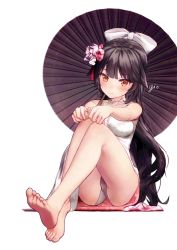 Rule 34 | 1girl, azur lane, bare arms, bare legs, bare shoulders, barefoot, black hair, black umbrella, blush, bow, breasts, brown eyes, china dress, chinese clothes, closed mouth, dress, fingernails, flower, gio (maroon0924), hair bow, hair flower, hair ornament, large breasts, long hair, oil-paper umbrella, pink flower, purple flower, red background, revision, signature, simple background, sitting, sleeveless, sleeveless dress, soles, solo, takao (azur lane), takao (the lessons of spring) (azur lane), toenails, umbrella, very long hair, white bow, white dress