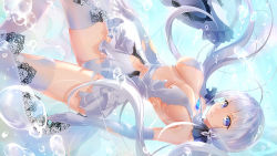 Rule 34 | 1girl, air bubble, asanogawa (tutufcc), azur lane, bare shoulders, blue eyes, blue gemstone, breasts, bubble, cleavage, dress, floating hair, gem, hat, illustrious (azur lane), lace, lace-trimmed dress, lace trim, large breasts, long hair, sleeveless, sleeveless dress, solo, sun hat, thighhighs, torn clothes, torn dress, underwater, very long hair, white hair, white hat, white thighhighs