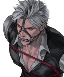 1boy arms_behind_back bit_gag black_vest collared_shirt commentary_request drooling eyelashes gag gagged long_sleeves love_and_deepspace male_focus nonnon9977 open_collar pectoral_cleavage pectorals red_eyes red_rope rope saliva shirt short_hair simple_background solo sylus_(love_and_deepspace) upper_body vest white_background white_hair white_shirt wing_collar