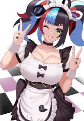 Rule 34 | 1girl, alternate costume, apron, black nails, breasts, checkered floor, collar, double v, enmaided, fate/grand order, fate (series), grin, highres, large breasts, maid, maid apron, maid day, maid headdress, multicolored hair, nail polish, one eye closed, puti tomato19, sei shounagon (fate), smile, twintails, v, wrist cuffs, yellow eyes