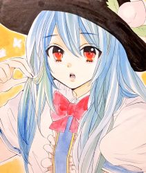 Rule 34 | 1girl, :o, black hat, blue hair, bow, bowtie, breasts, bug, butterfly, center frills, commentary request, food, frills, fruit, hair between eyes, hand up, hat, hinanawi tenshi, holding, holding hair, insect, leaf, long hair, looking at viewer, marker (medium), matsuppoi, open mouth, outline, peach, puffy short sleeves, puffy sleeves, red bow, red bowtie, red eyes, shirt, short sleeves, sidelocks, simple background, small breasts, solo, touhou, traditional media, upper body, white outline, white shirt, yellow background
