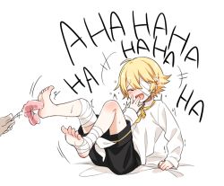 Rule 34 | 1boy, bandage over one eye, bandages, barefoot, black shorts, blonde hair, child, commentary request, male focus, minahoshi taichi, necktie, oliver (vocaloid), open mouth, sailor collar, shirt, short hair, shorts, smile, solo focus, tickling, tickling feet, vocaloid, white shirt