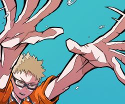 Rule 34 | 1boy, blonde hair, blue background, chappii (paon gunsou), glasses, goggles, haikyuu!!, hands up, highres, jersey, open mouth, playing sports, short hair, short sleeves, solo, sportswear, teeth, tsukishima kei, volleyball, yellow eyes