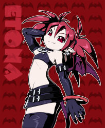 Rule 34 | 1girl, bat wings, demon girl, disgaea, earrings, elbow gloves, etna (disgaea), fang, flat chest, gloves, highres, jewelry, kurono, latex, latex gloves, miniskirt, pointy ears, red eyes, red hair, skirt, smile, solo, tail, thighhighs, wings