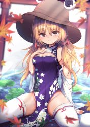 Rule 34 | 1girl, adapted costume, animal print, bare shoulders, blonde hair, blush, brown hat, china dress, chinese clothes, closed mouth, darumoon, detached sleeves, dress, female focus, frog print, groin, hat, highres, leaf, lily pad, long hair, maple leaf, moriya suwako, purple dress, smile, solo, thighhighs, torii, touhou, white thighhighs, yellow eyes