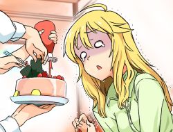 Rule 34 | 1girl, ahoge, blonde hair, cake, crying, crying with eyes open, dress shirt, food, fruit, hoshii miki, idolmaster, idolmaster (classic), ketchup, long hair, momo no suidou-sui, o o, open mouth, out of frame, plate, shirt, solo focus, strawberry, tears, trembling, turn pale