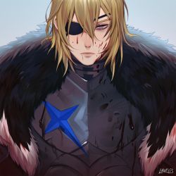 Rule 34 | 1boy, armor, artist name, blonde hair, blood, blood on face, closed mouth, dimitri alexandre blaiddyd, eyepatch, fire emblem, fire emblem: three houses, fur, grey background, grey eyes, hair between eyes, highres, lavelis, lips, looking at viewer, male focus, nintendo, plate armor, short hair, simple background, solo, upper body