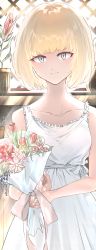 Rule 34 | 1girl, absurdres, blonde hair, bouquet, breasts, closed mouth, commentary request, day, dress, flower, hair between eyes, highres, holding, indoors, leaf, light smile, looking at viewer, matsunaga777, nature, plant, potted plant, short hair, simple background, solo, sunlight, uchi emiri, unusually open eyes, watashi ga motenai no wa dou kangaetemo omaera ga warui!, white dress, window