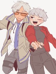 Rule 34 | 1boy, 1girl, animification, apex legends, belt, black belt, black eyes, black pants, blue necktie, blush, collared shirt, crypto (apex legends), grey background, grey hair, grey pants, hetero, highres, holding hands, inconspicuous crypto, looking down, looking to the side, looking up, necktie, nojima minami, official alternate costume, one eye closed, open mouth, orange-tinted eyewear, pants, sanpaku, shirt, short hair, simple background, smile, sunglasses, surprised, tinted eyewear, valkyrie (apex legends), white shirt