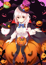 Rule 34 | 1girl, bad id, bad pixiv id, bat hair ornament, black thighhighs, blush, boots, braid, candy, cape, center frills, commentary request, fang, fang out, food, frills, from above, ghost, hair ornament, halloween, hat, jack-o&#039;-lantern, long hair, looking up, original, red eyes, ribbon, silver hair, single braid, sitting, skirt, smile, solo, takehana note, thighhighs, top hat