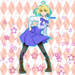 Rule 34 | 1girl, ahoge, argyle, argyle background, argyle clothes, artoria pendragon (all), artoria pendragon (fate), bad id, bad pixiv id, blonde hair, boots, casual, dress, fate/stay night, fate (series), green eyes, hair ribbon, hoshiume, lowres, pantyhose, ribbon, saber (fate), solo