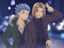 Rule 34 | 2boys, alternate costume, arm up, bad id, bad pixiv id, black sweater, blonde hair, blue eyes, blue hair, blurry, blurry background, camus (dq11), collarbone, commentary request, cross, cross necklace, dragon quest, dragon quest xi, earrings, fur trim, green jacket, hand in pocket, hand on another&#039;s hip, hand on own hip, hero (dq11), highres, hood, hooded jacket, jacket, jewelry, male focus, mondi hl, multiple boys, necklace, night, outdoors, shirt, short hair, smile, spiked hair, sweater, upper body, v, white shirt, yaoi